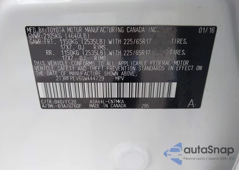 2016 Toyota Rav4 Xle из США, поврежденный, VIN 2T3RFREV6GW444729